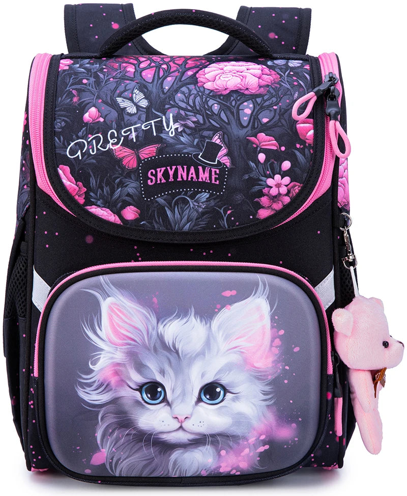 Kid's Girls Nylon Zipper Closure Cartoon Pattern School Backpack