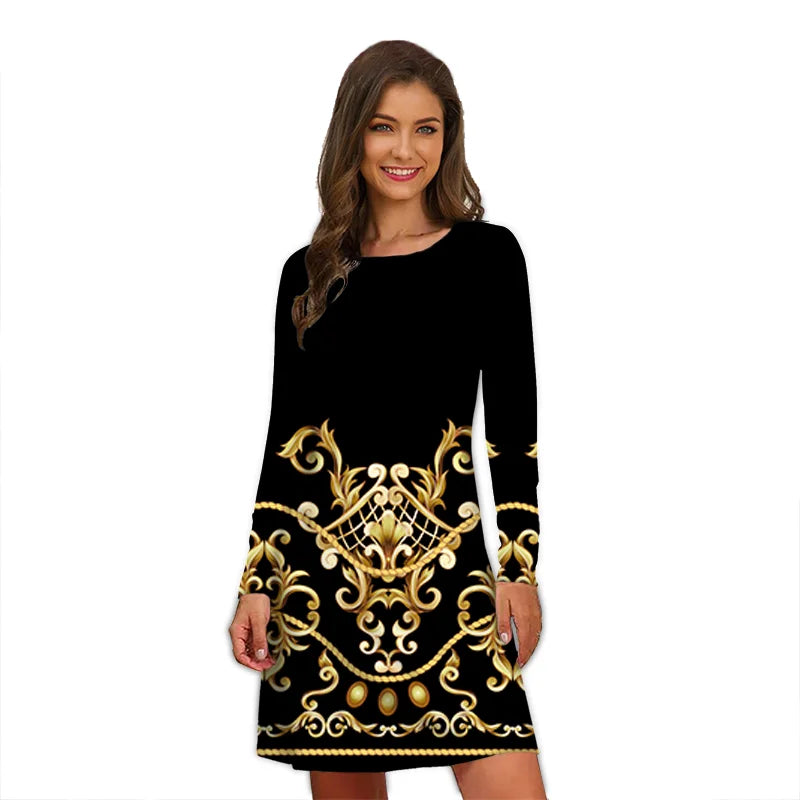 Women's Polyester O-Neck Long Sleeves Mini Casual Vintage Dress