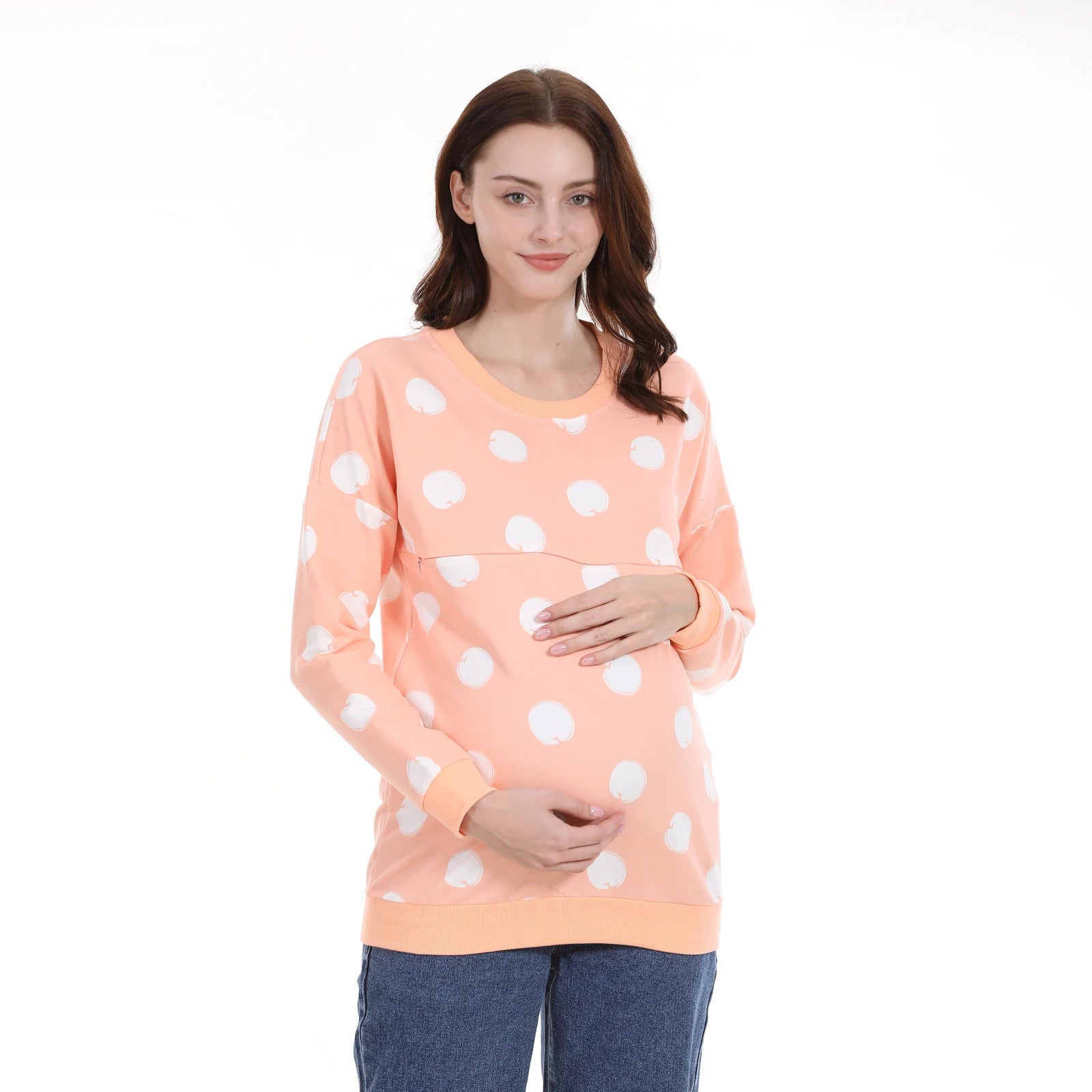 Women's Cotton O-Neck Long Sleeve Dotted Pattern Maternity Dress