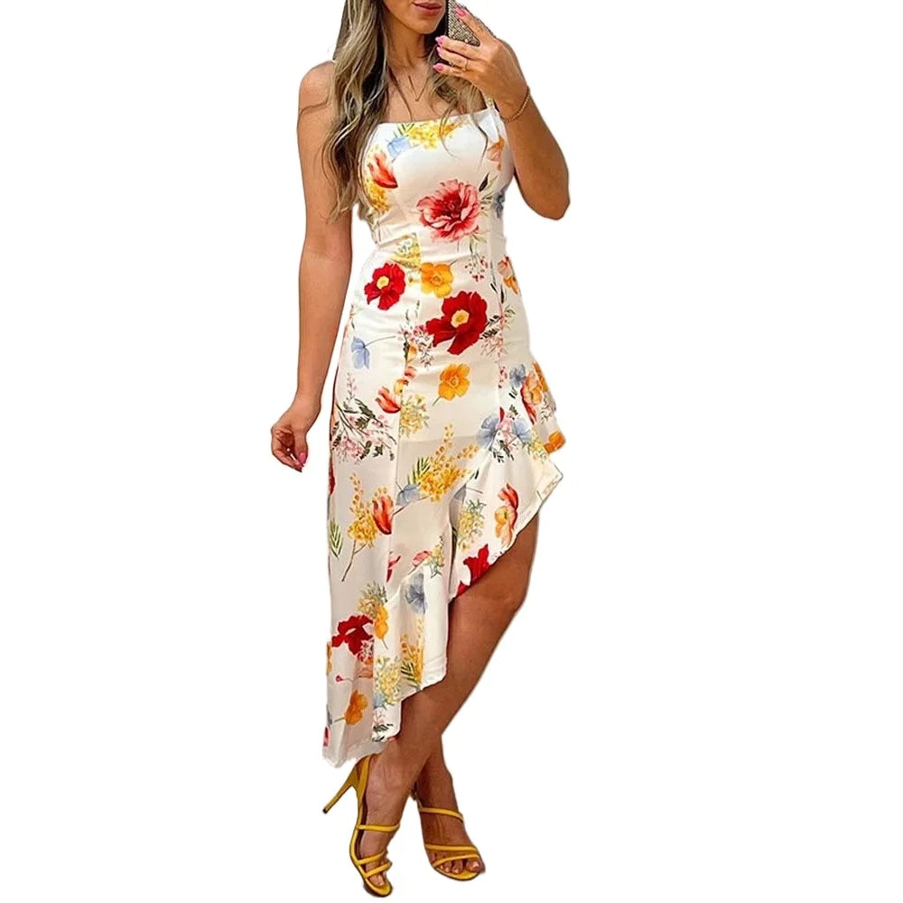 Women's Polyester Square-Neck Sleeveless Floral Pattern Dress