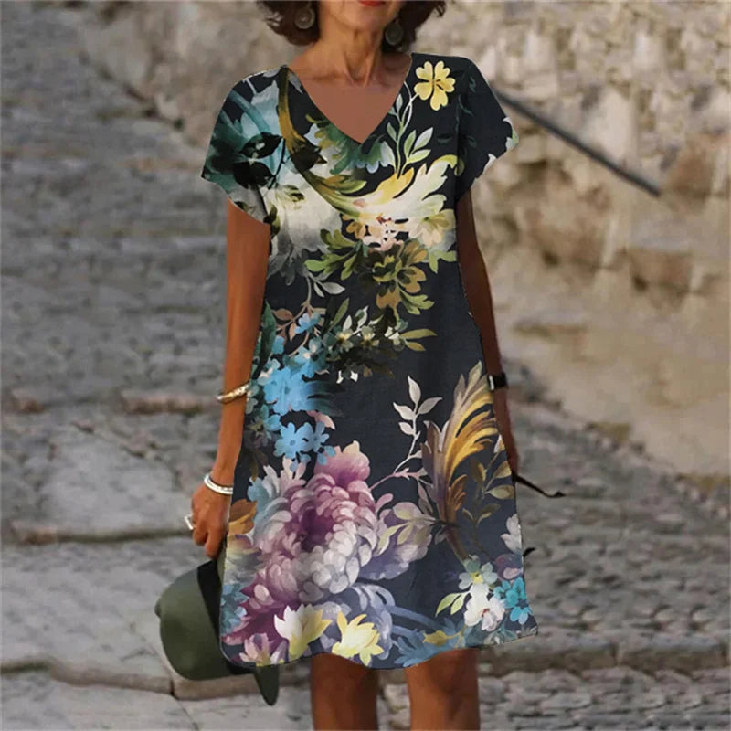 Women's Polyester V-Neck Short Sleeves Mini Casual Floral Dress