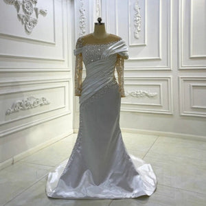 Women's O-Neck Long Sleeves Court Train Mermaid Wedding Dress