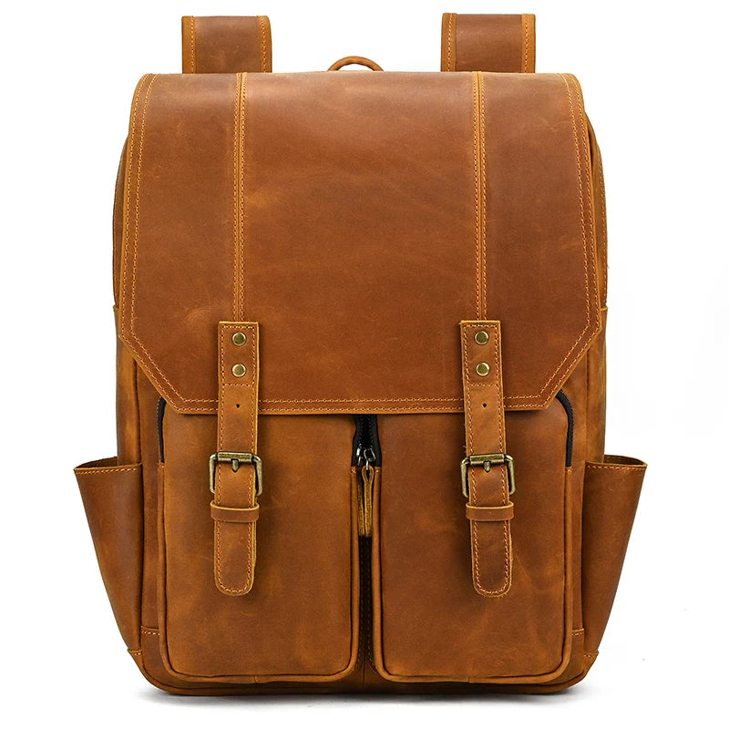 Men's Genuine Leather Zipper Closure Solid Pattern Backpack