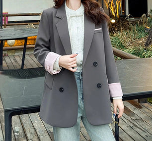 Women's Cotton Notched Long Sleeves Solid Pattern Casual Blazers