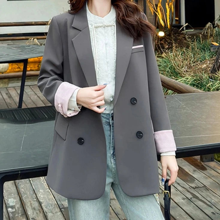 Women's Cotton Notched Long Sleeves Double Breasted Trendy Blazer