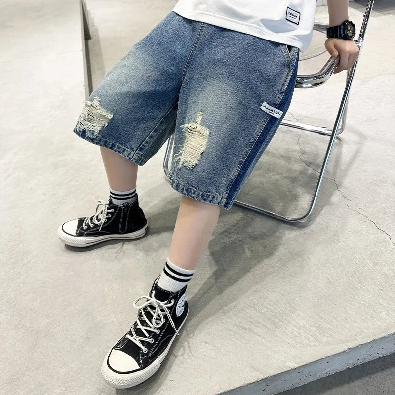 Kid's Cotton Mid Elastic Waist Closure Casual Wear Denim Shorts