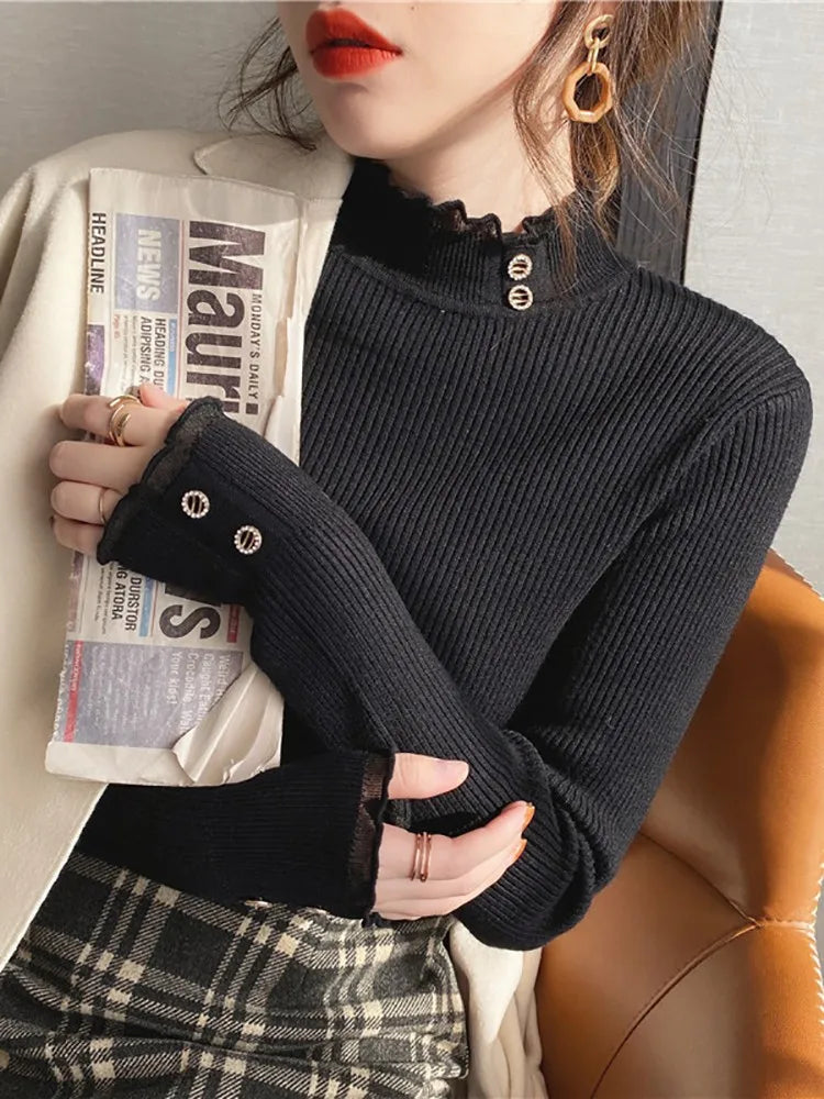 Women's Acrylic Mock Neck Full Sleeves Solid Pattern Sweater