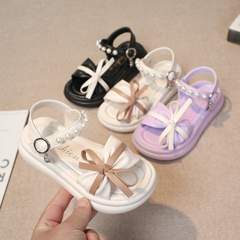 Kid's PU Open Toe Hook Loop Closure Bowknot Pattern Casual Sandals