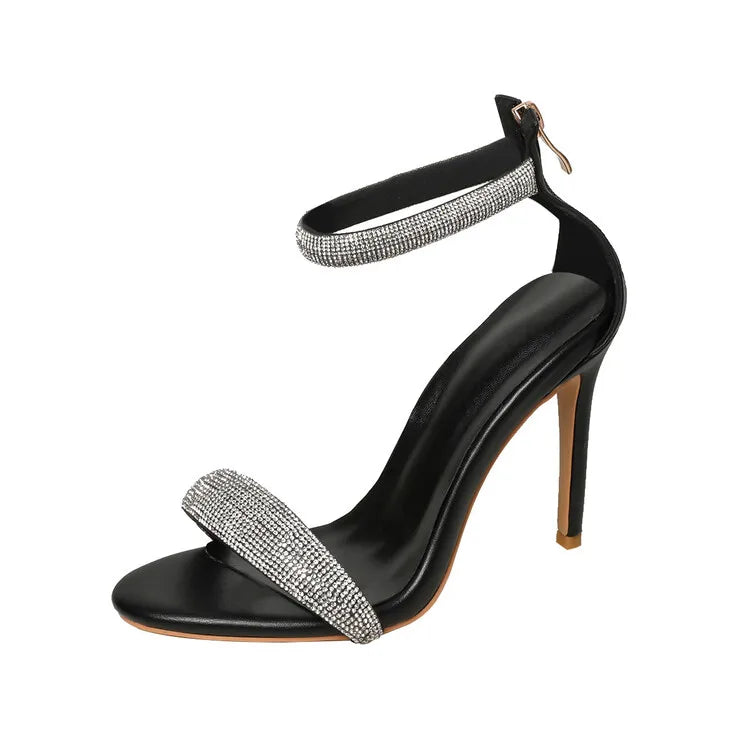 Women's Microfiber Peep Toe Zip High Heels Rhinestones Sandals