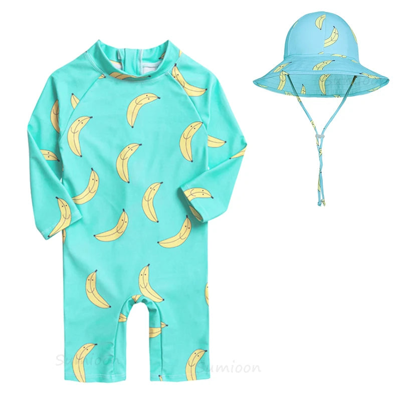 Kid's Girl Spandex Full Sleeve Printed Pattern Swimsuit With Cap