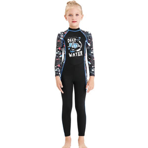 Kid's Girl O-Neck Neoprene Full Sleeve Printed Pattern Swimsuit