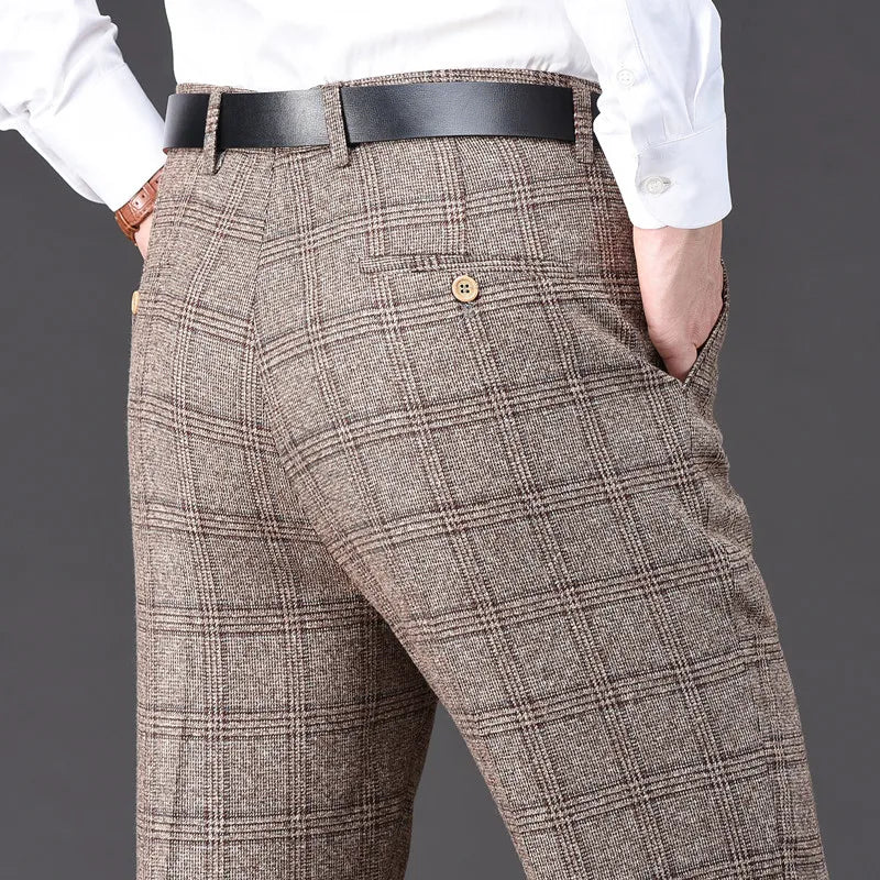 Men's Rayon High Waist Zipper Fly Closure Plaid Formal Pants