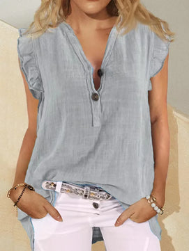 Women's V-Neck Cotton Sleeveless Solid Pattern Pullover Blouses