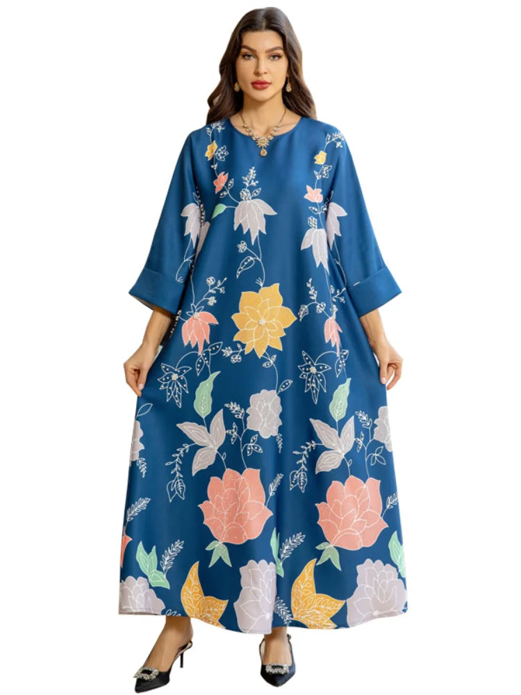 Women's Arabian Polyester Full Sleeves Floral Pattern Dress