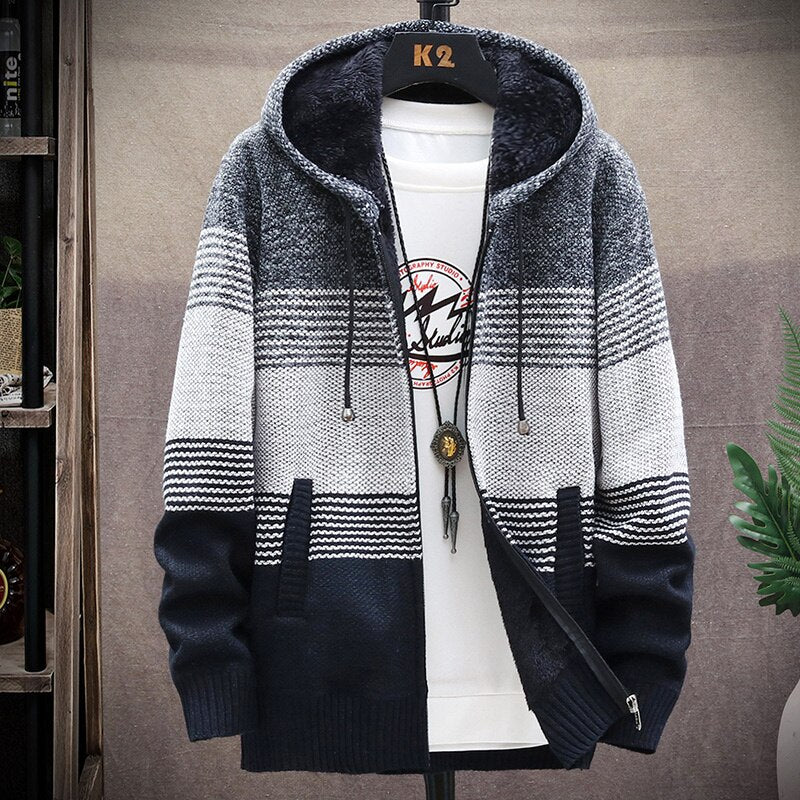 Men's Wool Full Sleeves Zipper Closure Hooded Striped Jacket