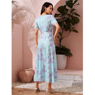 Women's Arabian V-Neck Polyester Full Sleeve Floral Pattern Dresses