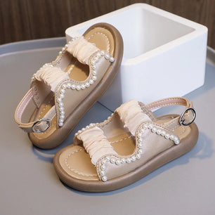 Kid's PU Open Toe Beaded Pattern Hook Loop Closure Sandals