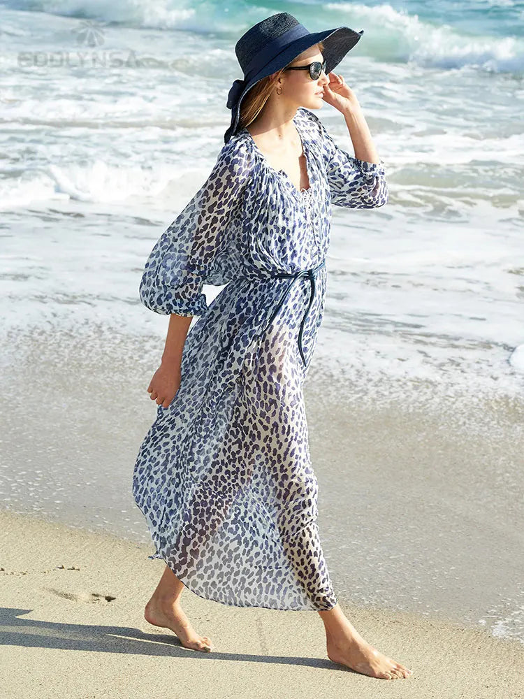 Women's Polyester Long Sleeves Leopard Kaftan Beach Cover Up