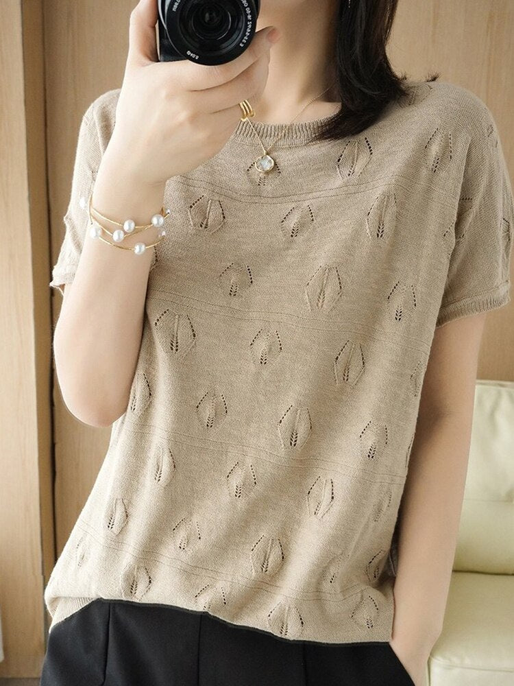 Women's Cotton O-Neck Short Sleeves Casual Pullover Sweaters