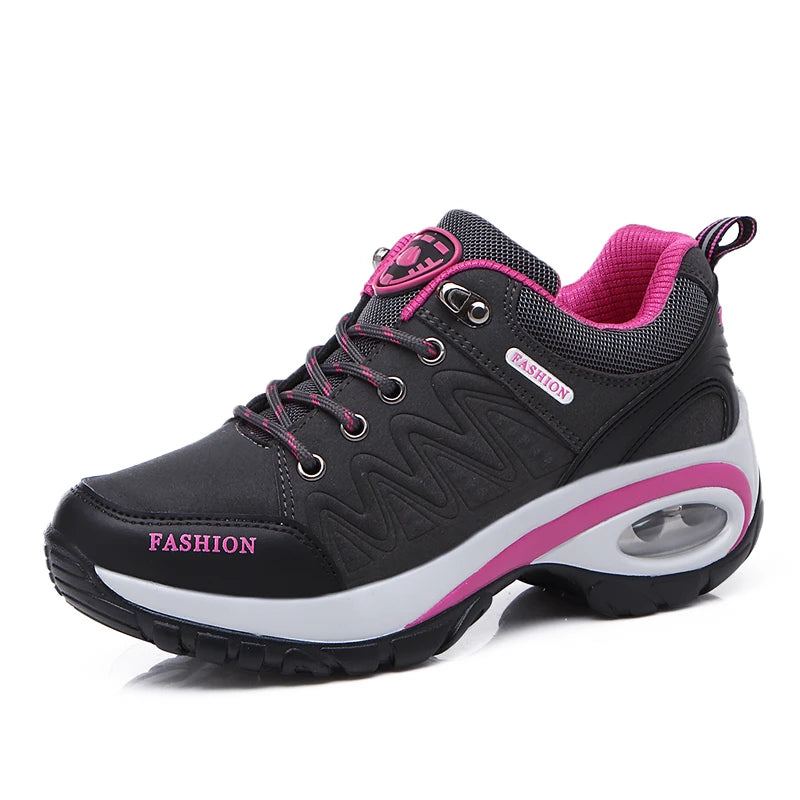 Women's PU Round Toe Lace-Up Closure Waterproof Running Sneakers