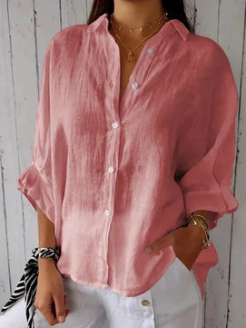 Women's Polyester Turn-Down Collar Long Sleeves Solid Blouse