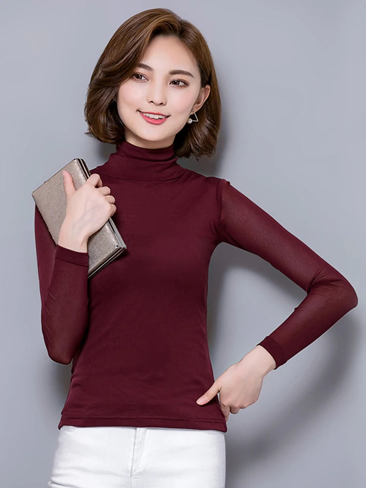 Women's Polyester Turtleneck Long Sleeve Casual Wear Blouse