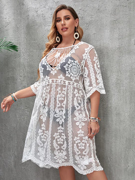 Women's Rayon Long Sleeves Patchwork Pattern Beach Cover Up