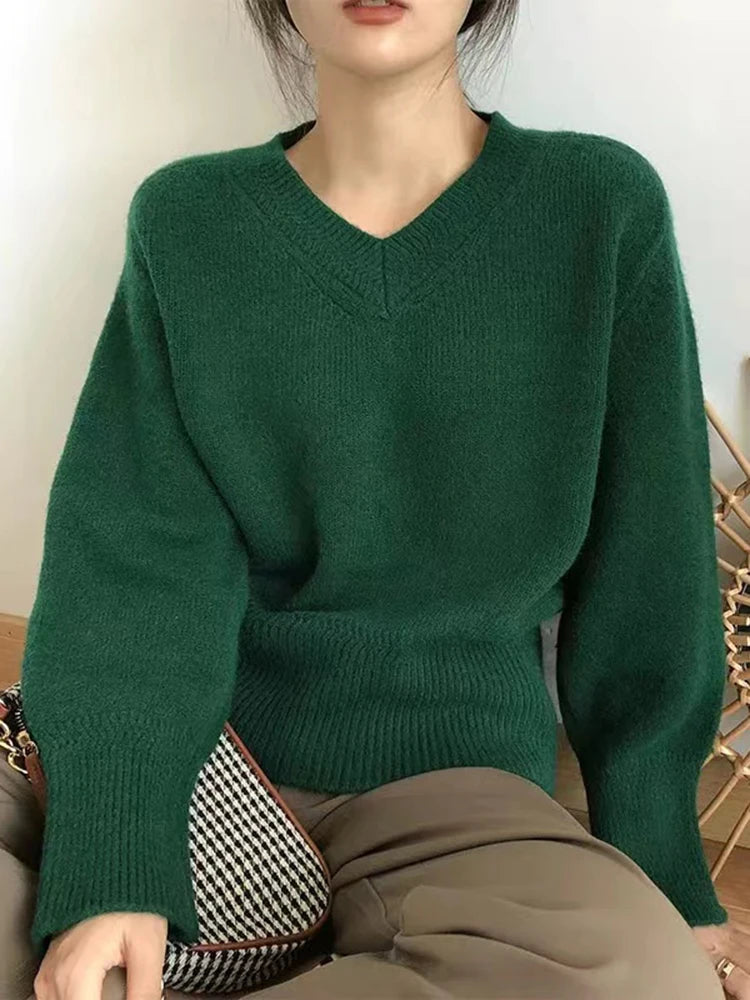 Women's Acrylic V-Neck Full Sleeves Solid Pattern Pullovers Sweater