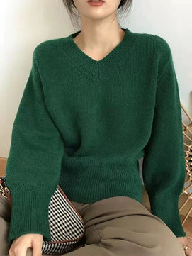 Women's Acrylic V-Neck Long Sleeve Solid Pattern Casual Sweater