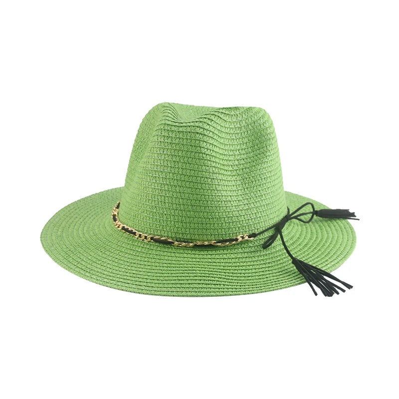 Women's Straw Solid Pattern Trendy Sun Protection Chain Brim Hat