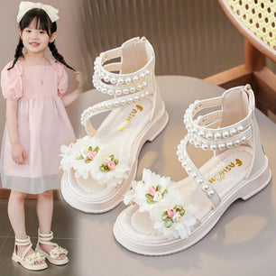 Kid's Synthetic Open Toe Beaded Pattern Hook Loop Closure Sandals