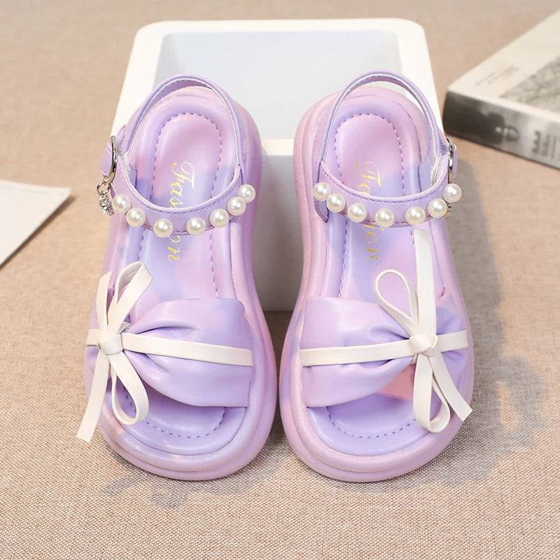 Kid's PU Open Toe Hook Loop Closure Bowknot Pattern Casual Sandals