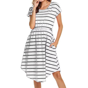 Women's Polyester O-Neck Short Sleeves Striped Maternity Dress