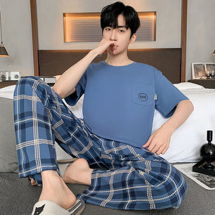 Men's Cotton O-Neck Short Sleeves Trendy Sleepwear Pajamas Set