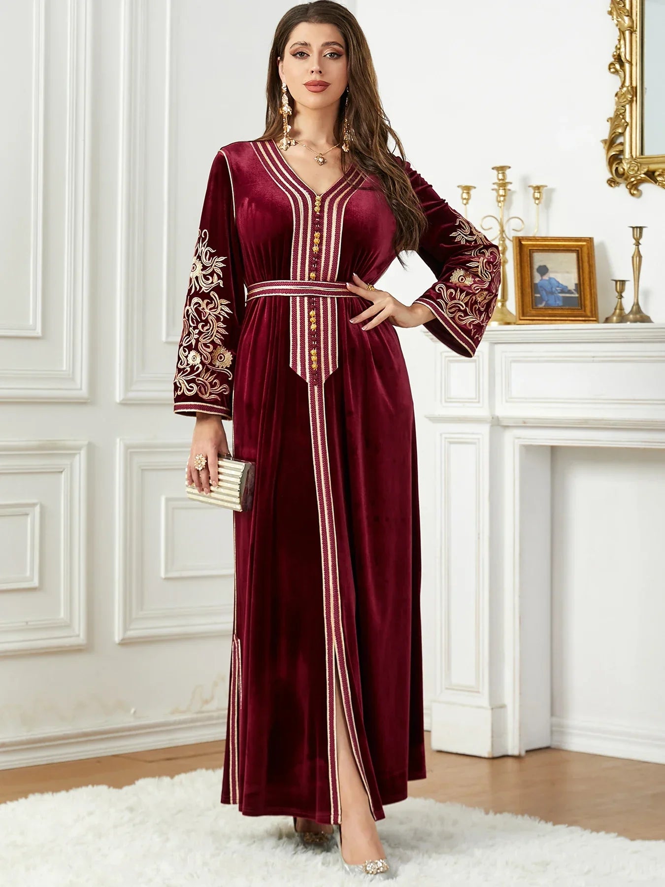 Women's Arabian Velvet Full Sleeves Embroidery Pattern Dress