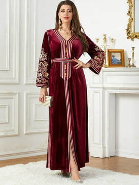 Women's Arabian Velvet Full Sleeves Embroidery Pattern Dress