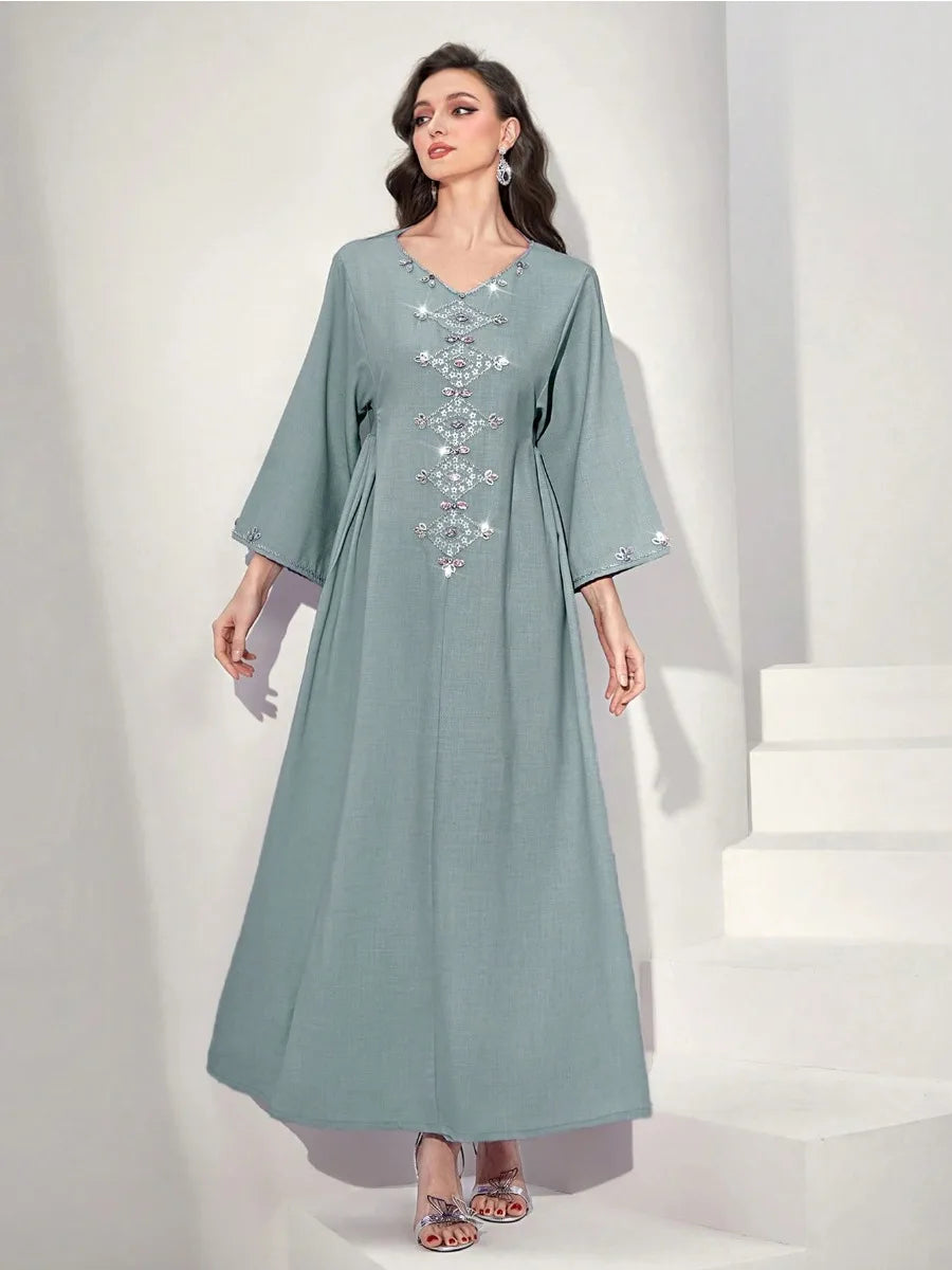 Women's Arabian Polyester Full Sleeves Rhinestone Pattern Dress