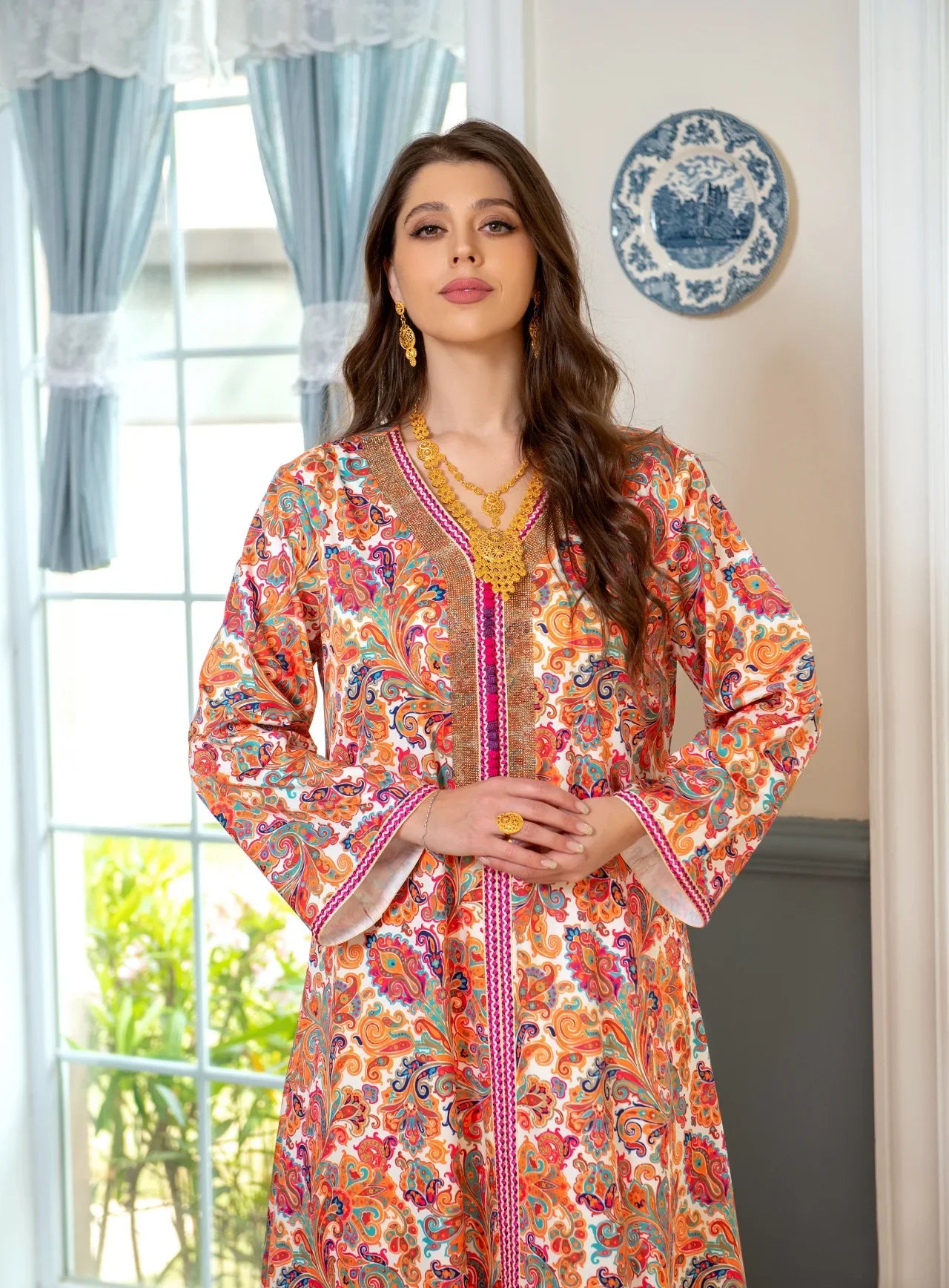 Women's Arabian Polyester Full Sleeve Floral Pattern Casual Dress