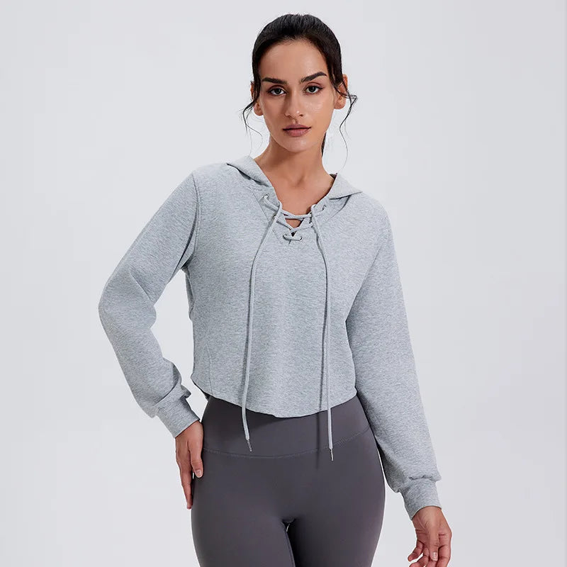 Women's Cotton Long Sleeves Breathable Hooded Fitness Yoga Top