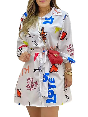 Women's Polyester Turn-Down Collar Long Sleeve Printed Dress