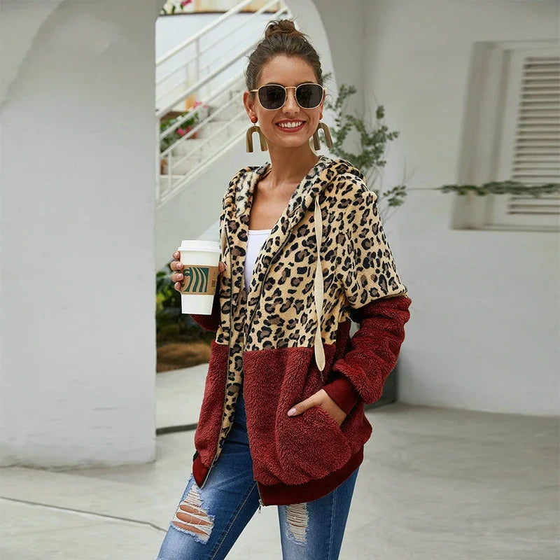 Women's Polyester Full Sleeve Leopard Pattern Zipper Hoodies