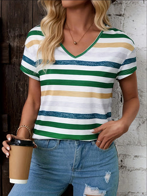 Women's Polyester V-Neck Short Sleeves Striped Pattern Mini Blouse