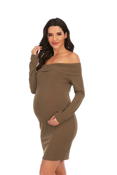 Women’s Polyester Square-Neck Long Sleeves Solid Maternity Dress