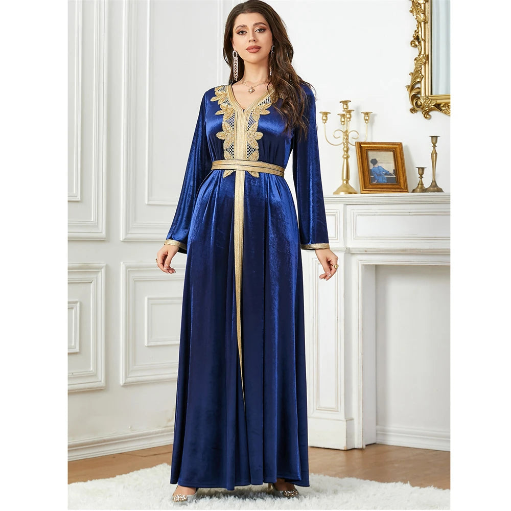 Women's Arabian V-Neck Polyester Full Sleeve Embroidery Dresses