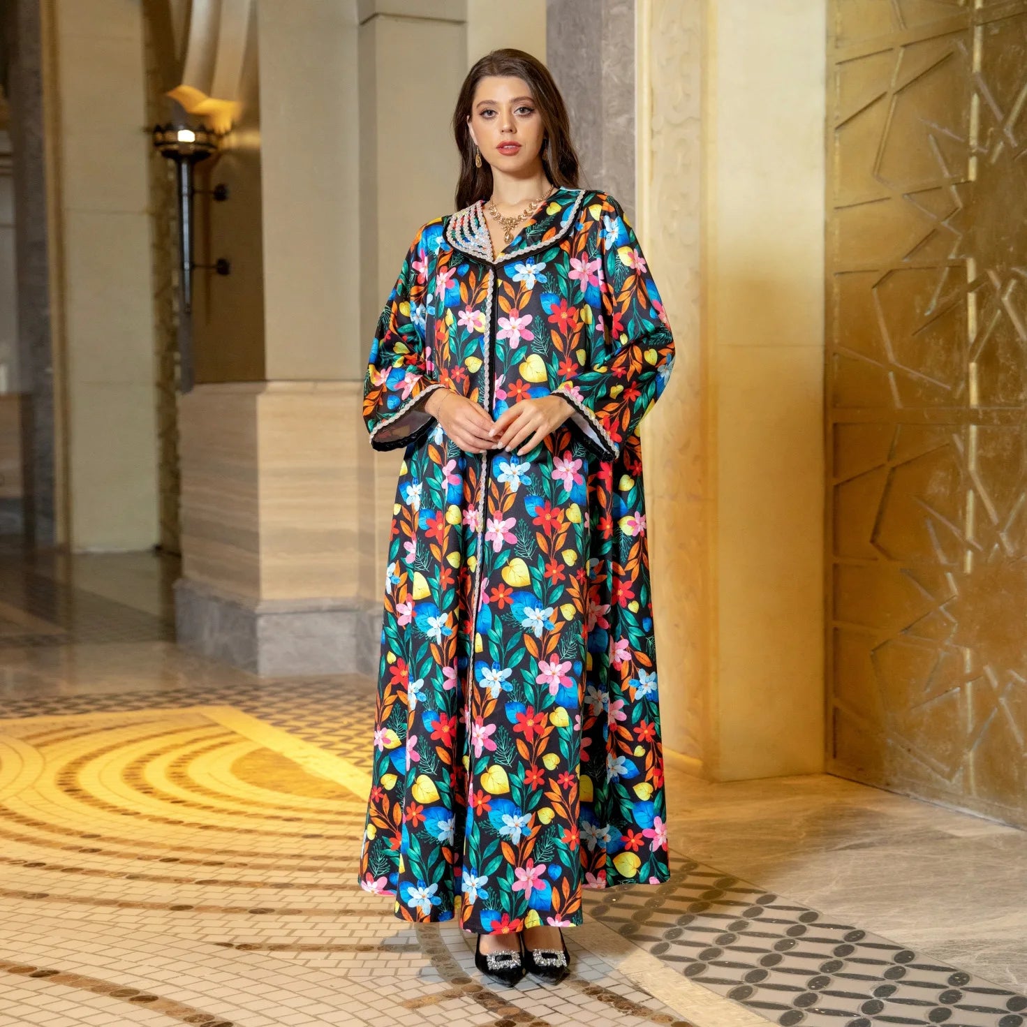 Women's Arabian Polyester Full Sleeve Printed Pattern Casual Dress