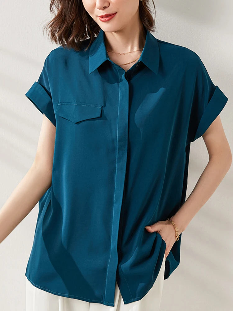 Women's Polyester Turn-Down Collar Short Sleeve Solid Blouse