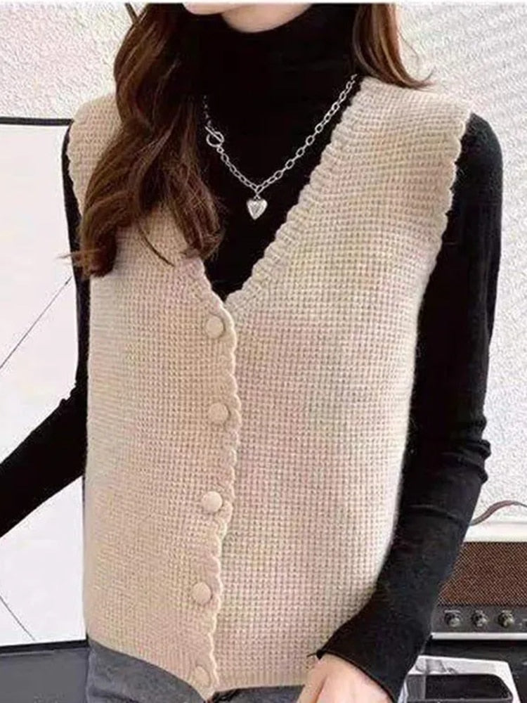 Women's Acrylic V-Neck Sleeveless Single Breasted Casual Sweaters