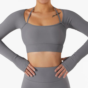 Women's Nylon Square-Neck Long Sleeves Fitness Workout Crop Top