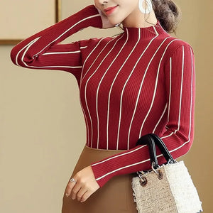 Women's Polyester Turtleneck Full Sleeves Striped Pattern Sweater