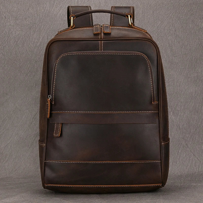 Men's Genuine Leather Zipper Closure Solid Pattern Backpack